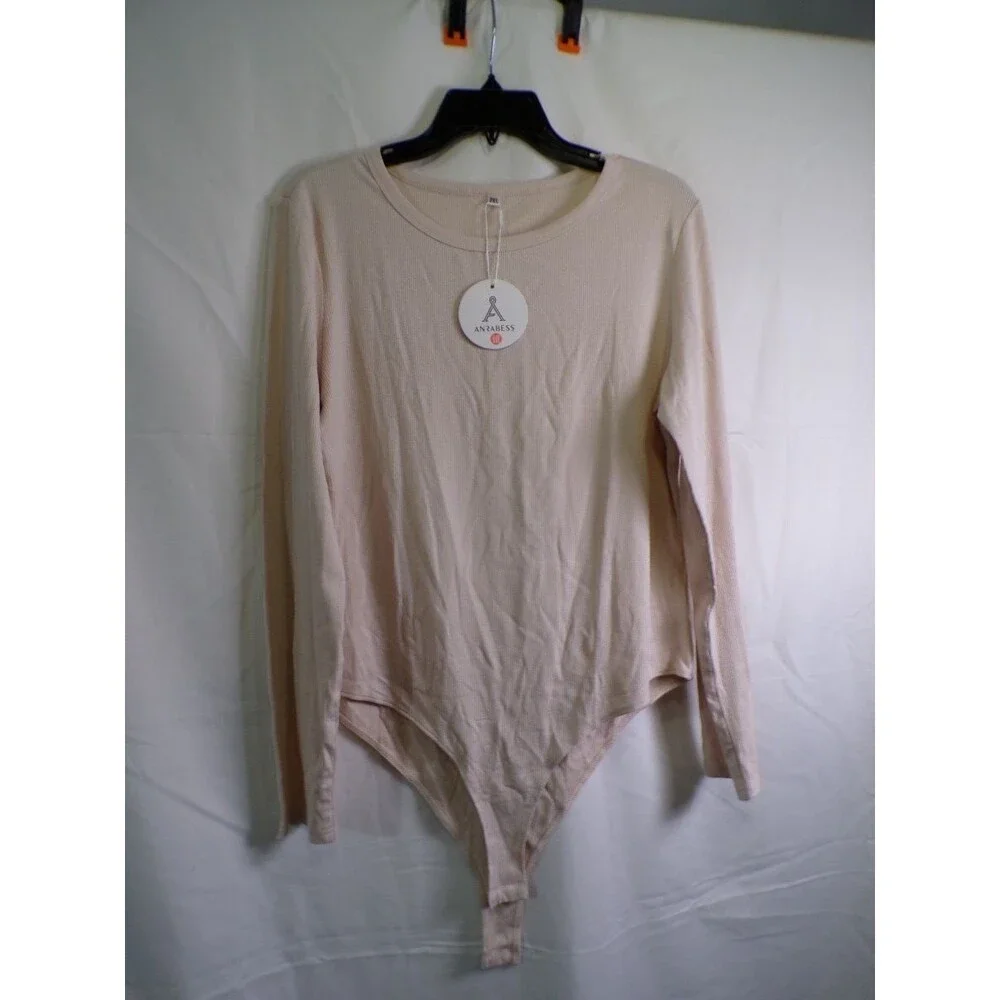 Anrabess Women's Long Sleeve Ribbed Bodysuit 2XL Light Pink Nude